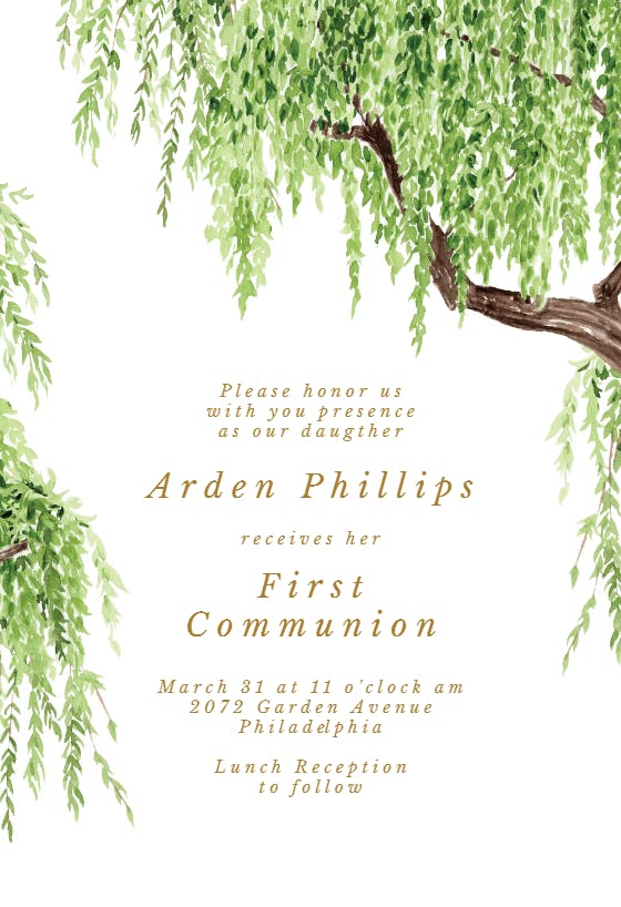Weeping willow - first holy communion invitation