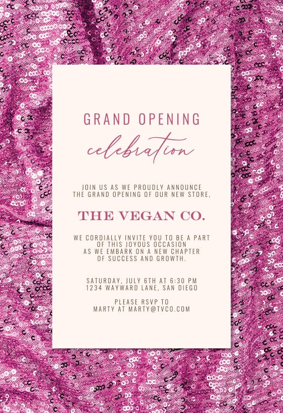 Glittery sequins - grand opening invitation