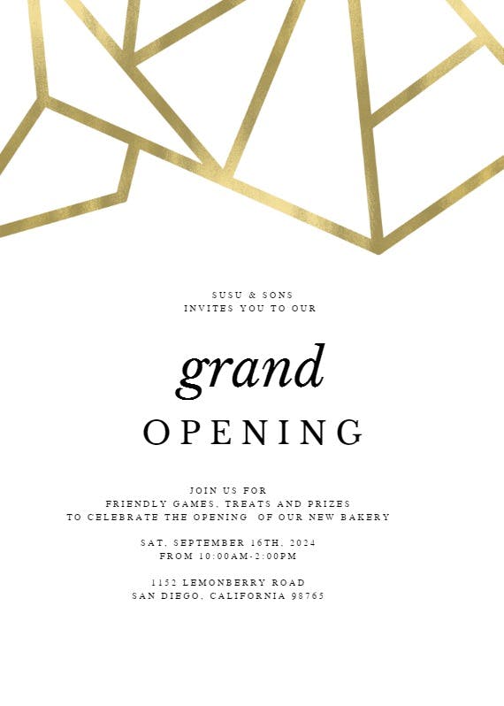 Golden geometric shapes -  invitación de la gran inauguración