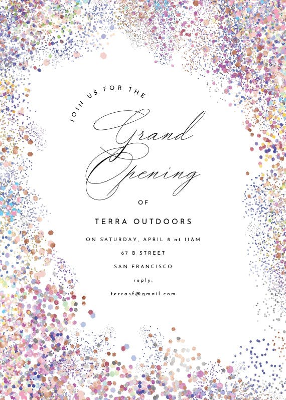 Rainbow confetti frame - grand opening invitation