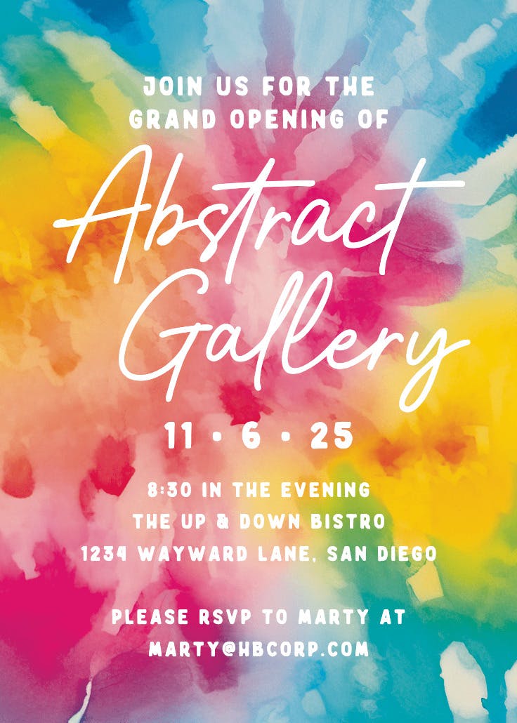 Vibrant tie dye - grand opening invitation