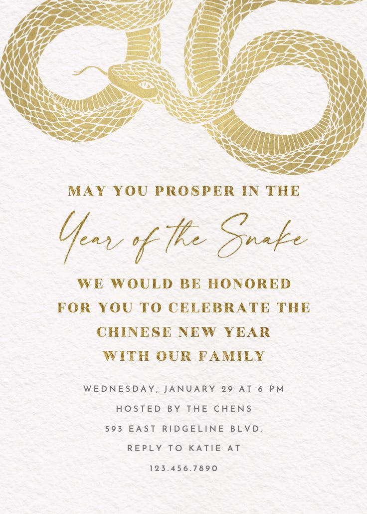 Golden snake -  invitación de nuevo año chino