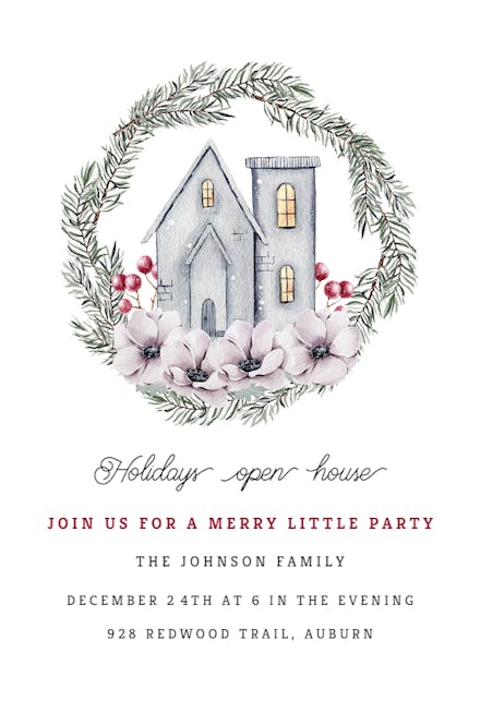House and Pine Wreath - Christmas Invitation