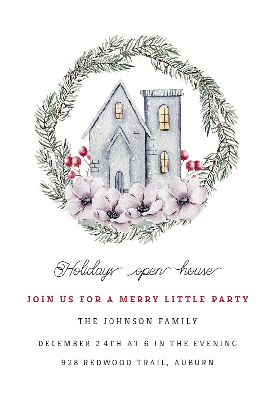 House and pine wreath - holidays invitation