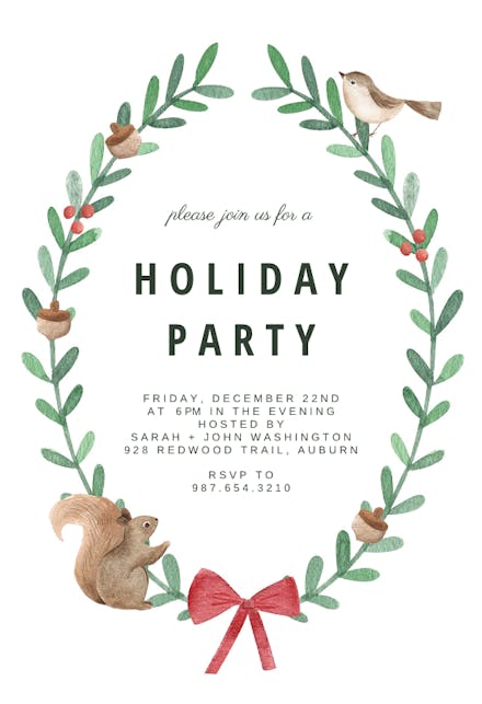 Squirrel and Bird Wreath - Christmas Invitation