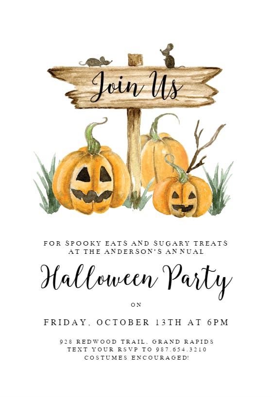 Pumpkin and sign - halloween party invitation