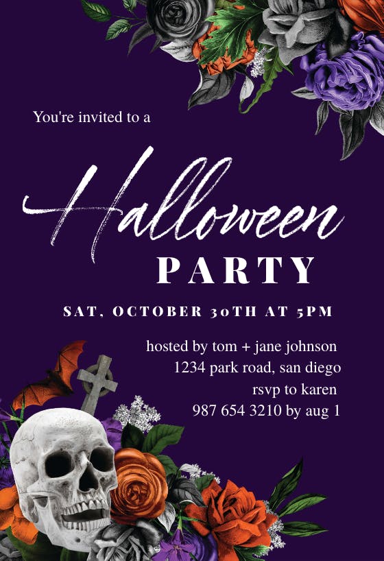 Skull flowers - halloween party invitation