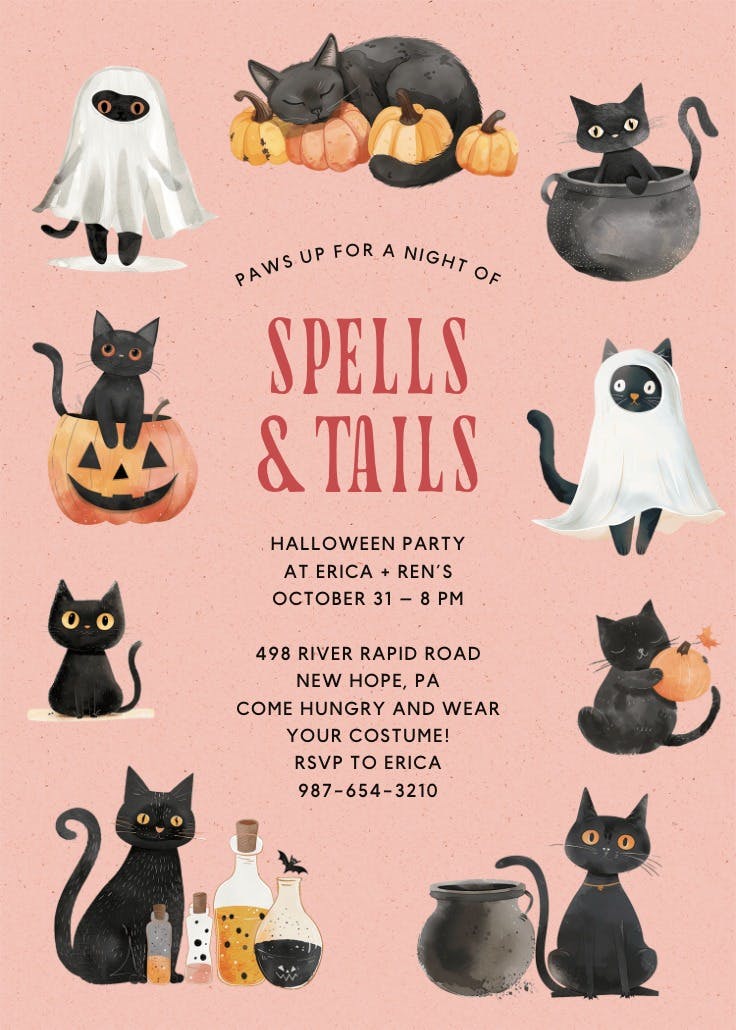 Spells & tails - halloween party invitation