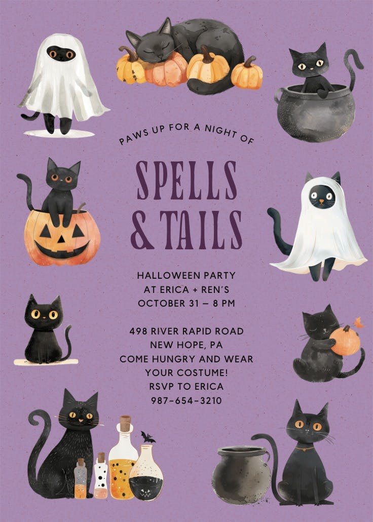 Spells & tails - halloween party invitation