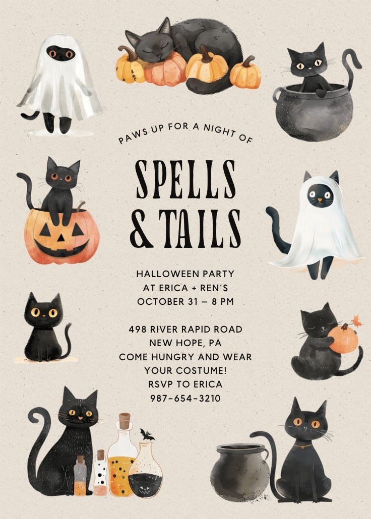 Spells & tails - halloween party invitation
