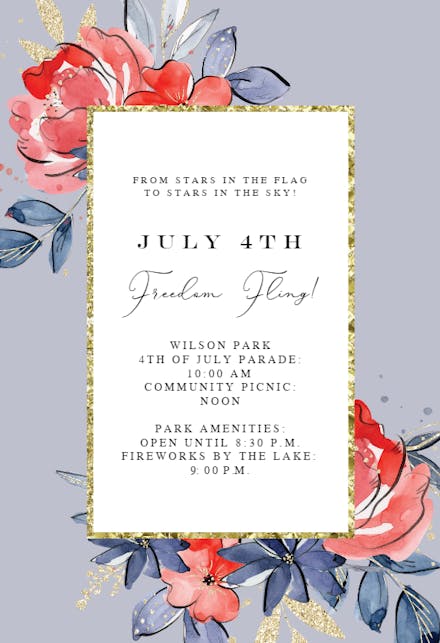 4th of july floral frame - 4th of July Invitation