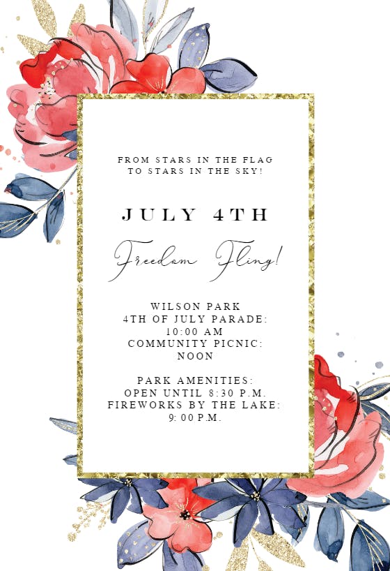 4th of july floral frame -  invitación para día festivo