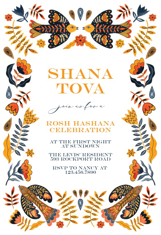 Birds and flowers - rosh hashanah invitation