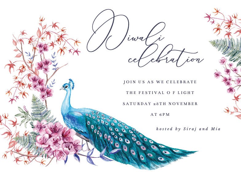 Blue diwali peacock - diwali invitation
