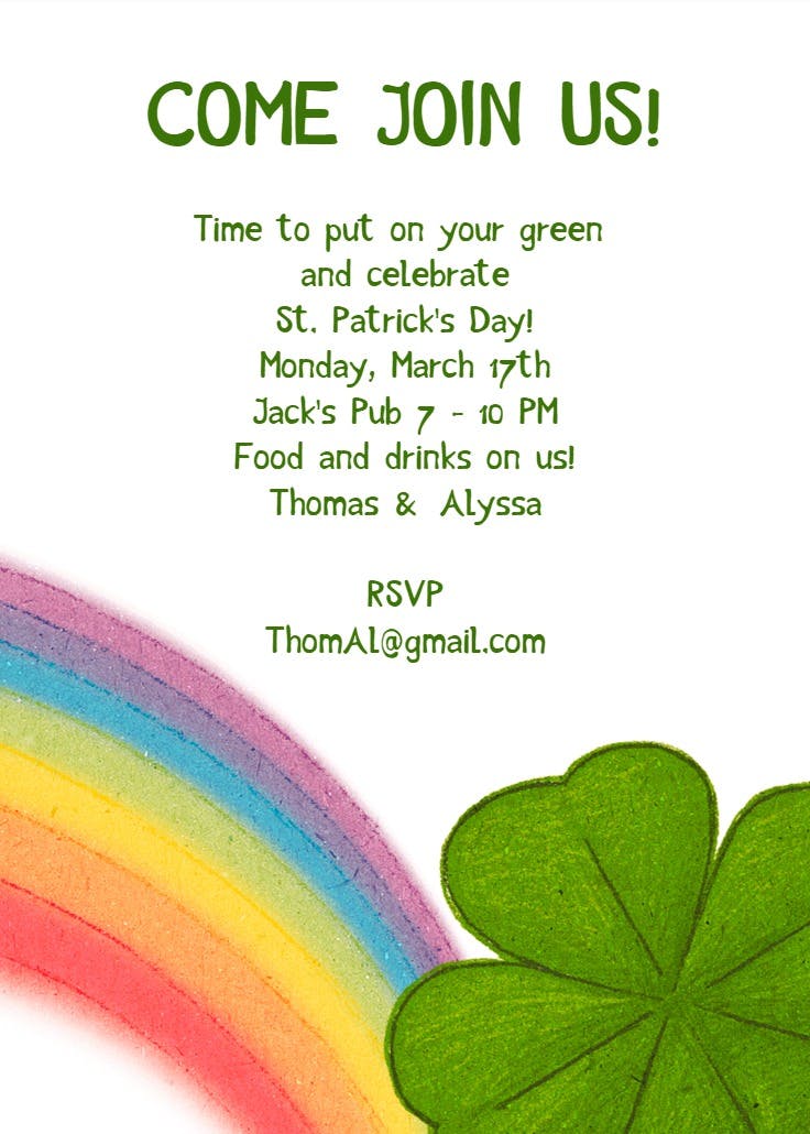 Clover and rainbow - invitación para el día de san patricio