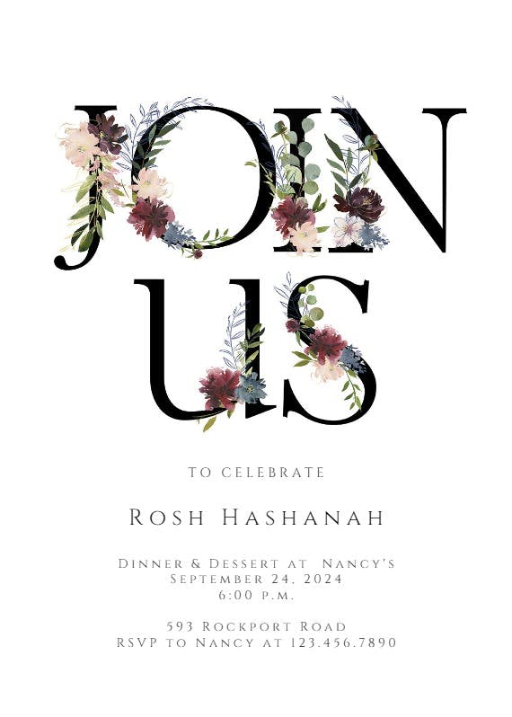 Floral letters - rosh hashanah invitation