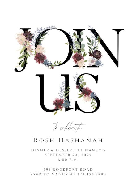 Floral letters - rosh hashanah invitation