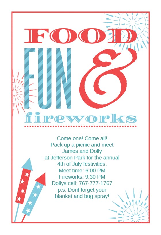 Food fun and fireworks - 4th of july invitation