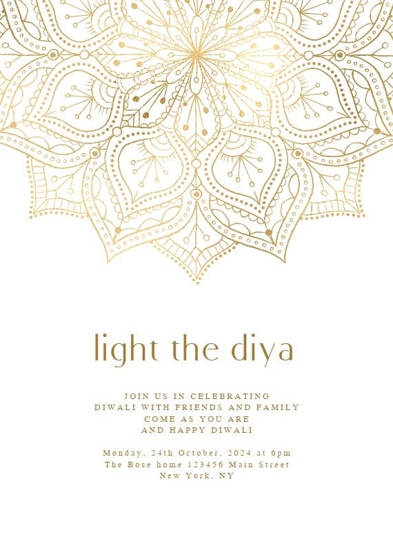 Gold diwali mandala - invitación para el festival de diwali