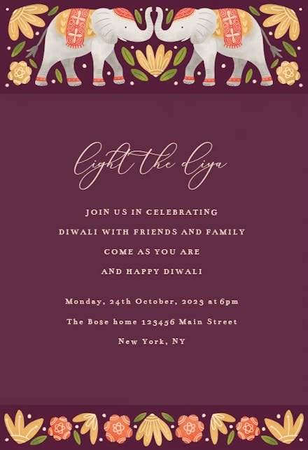 Indian elephants for Diwali - Diwali Invitation