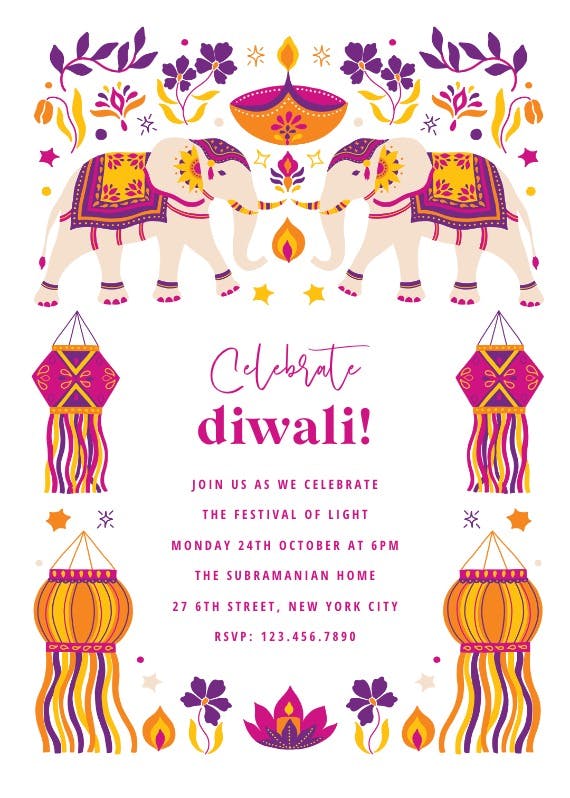 Ornamental elephant frame - invitación para el festival de diwali