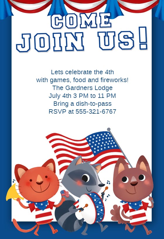 Patriotic animals -  invitación para el 4 de julio