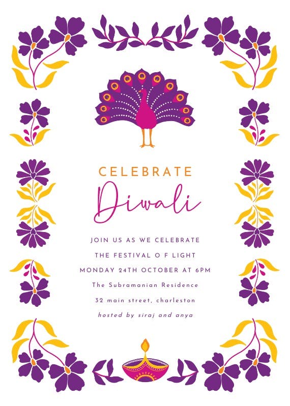 Peacock with floral frame - invitación para el festival de diwali