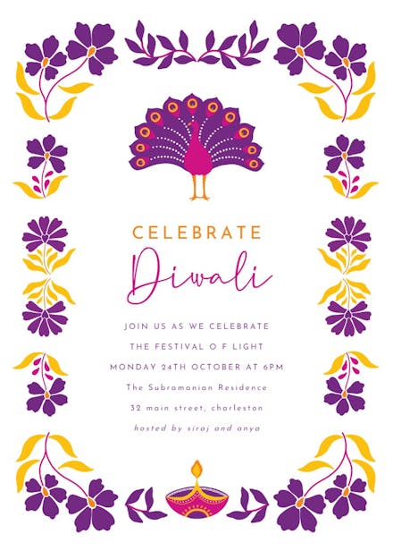 Peacock with floral frame - diwali invitation