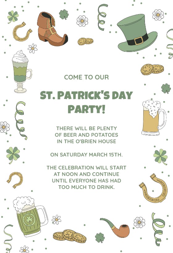 Too much to drink - st. patricks day invitation