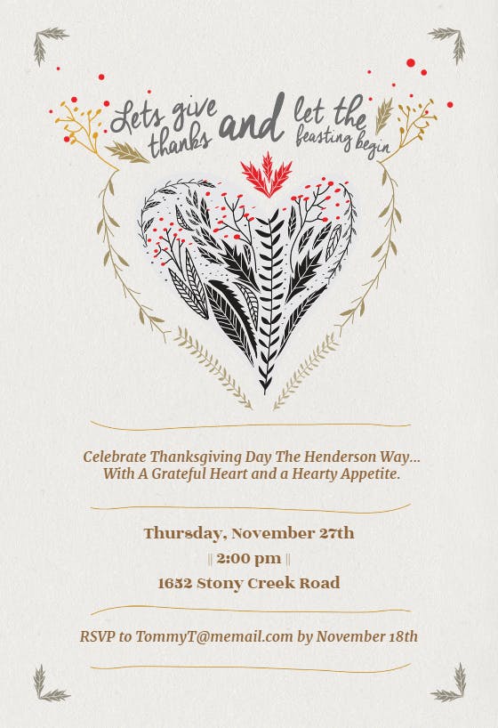 A great heart - thanksgiving invitation