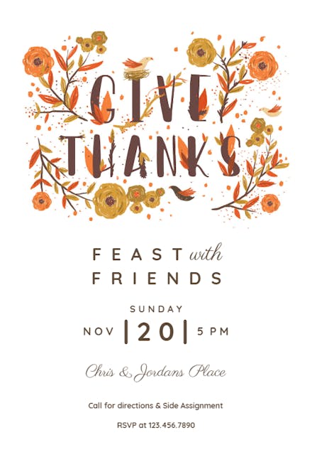 Bird and Flowers - Thanksgiving Invitation