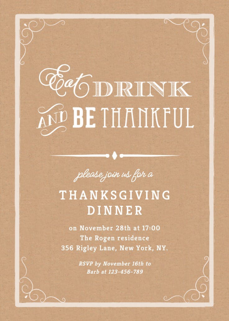 Eat drink and be thankful - thanksgiving invitation