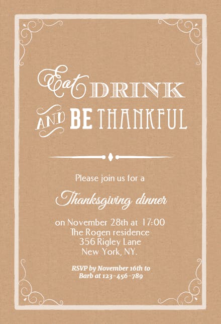 Eat Drink And Be Thankful - Thanksgiving Invitation