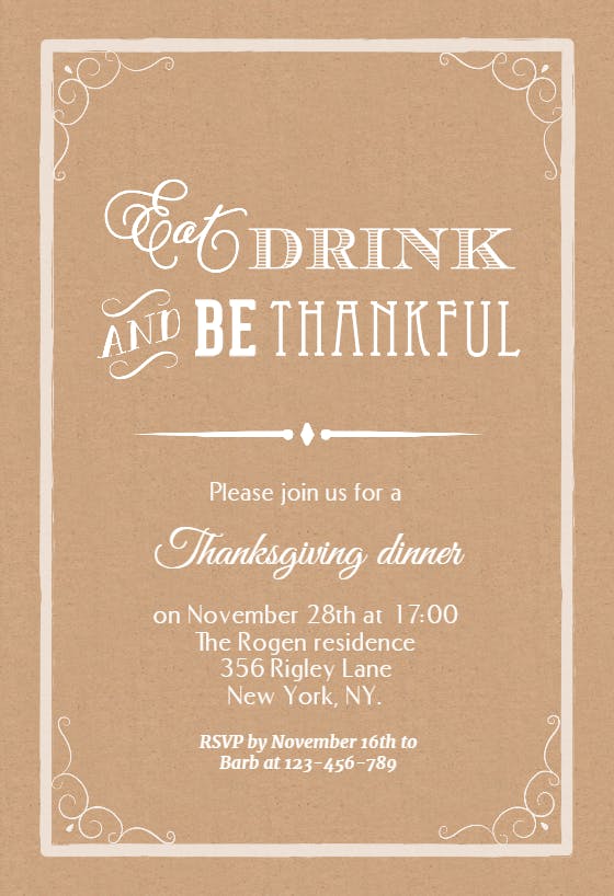 Eat drink and be thankful - thanksgiving invitation