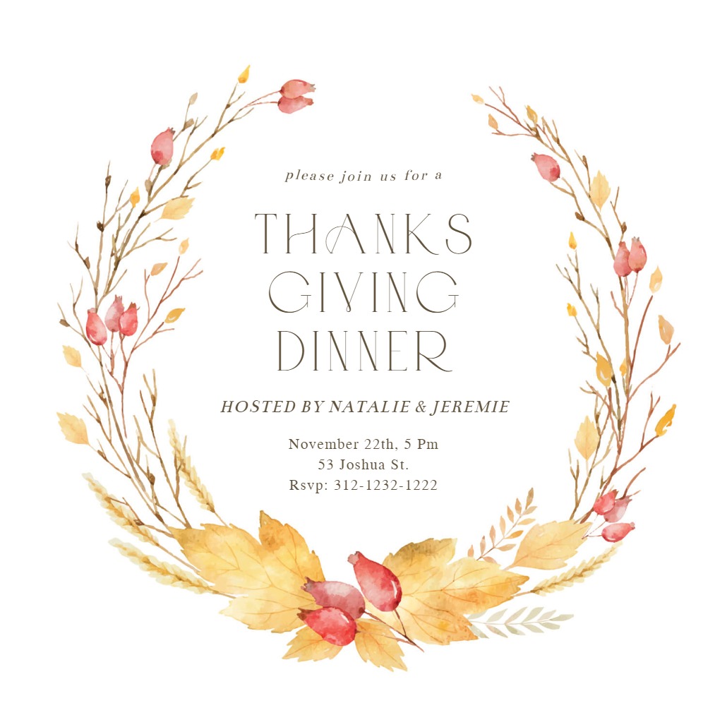 Fall wreath - Thanksgiving Invitation Template (Free) | Greetings Island