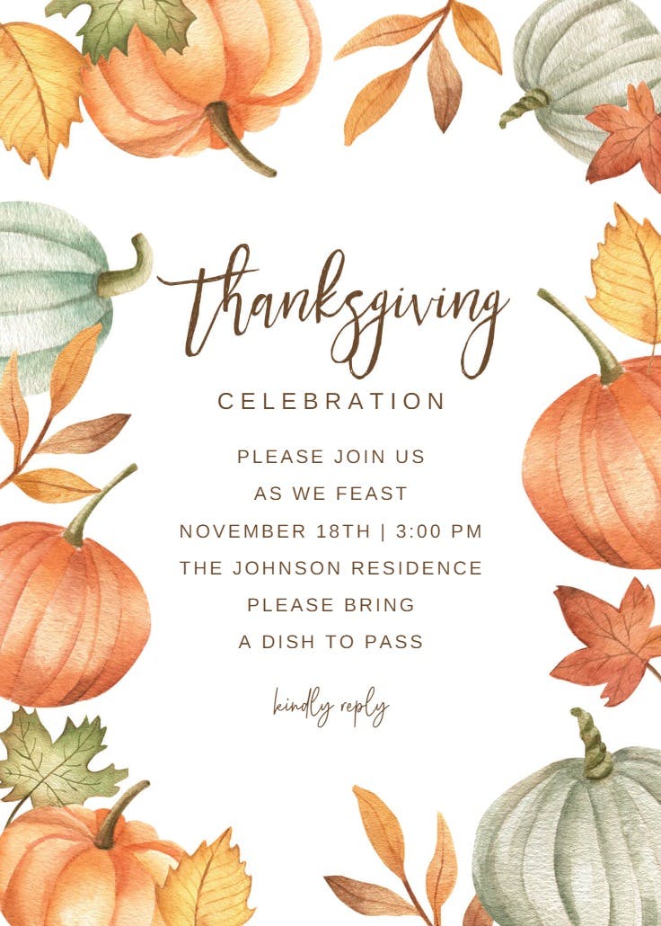 Pumpkins & leaves wreath - thanksgiving invitation