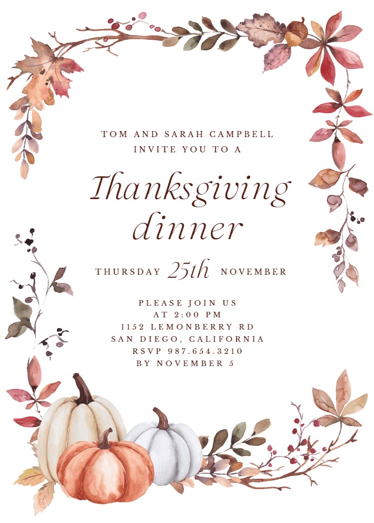 Watercolor Fall - Thanksgiving Invitation Template | Greetings Island