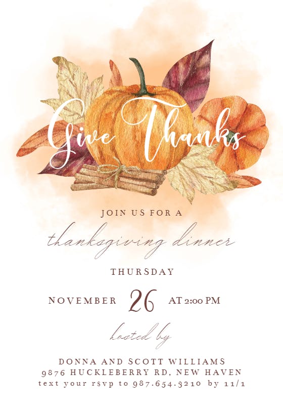 Watercolor pumpkin - thanksgiving invitation