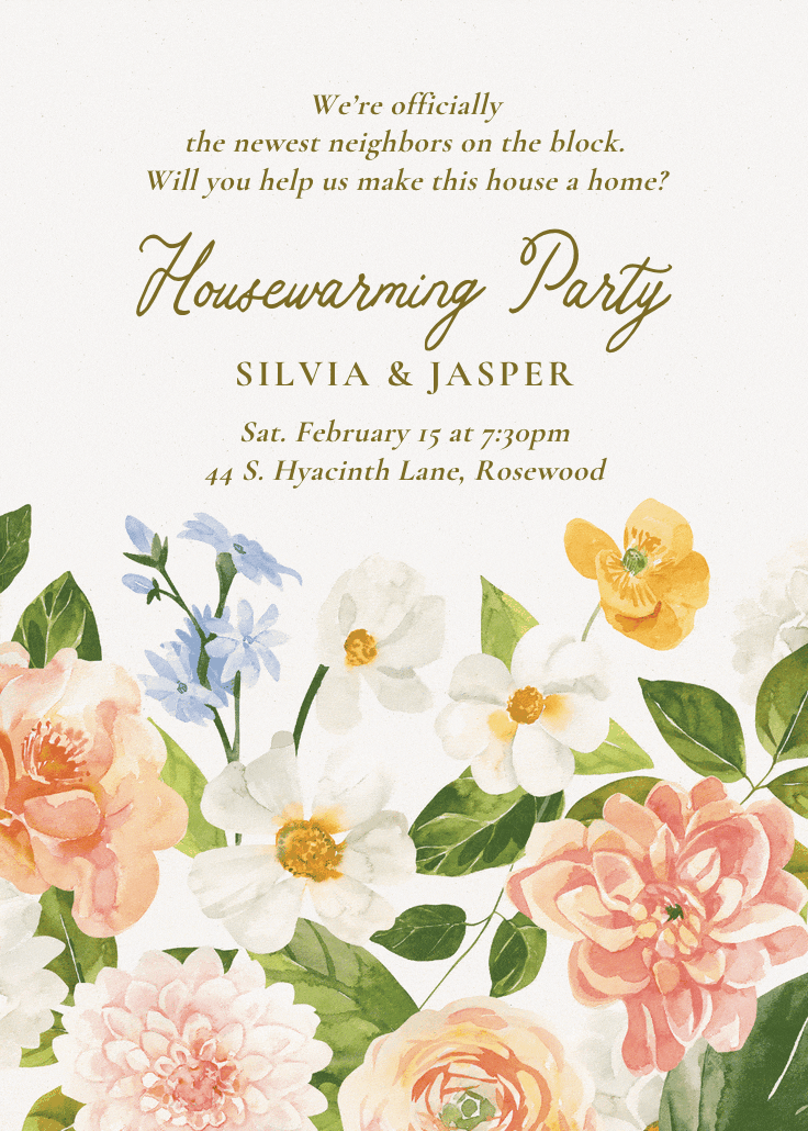 Blooming peonies - housewarming invitation