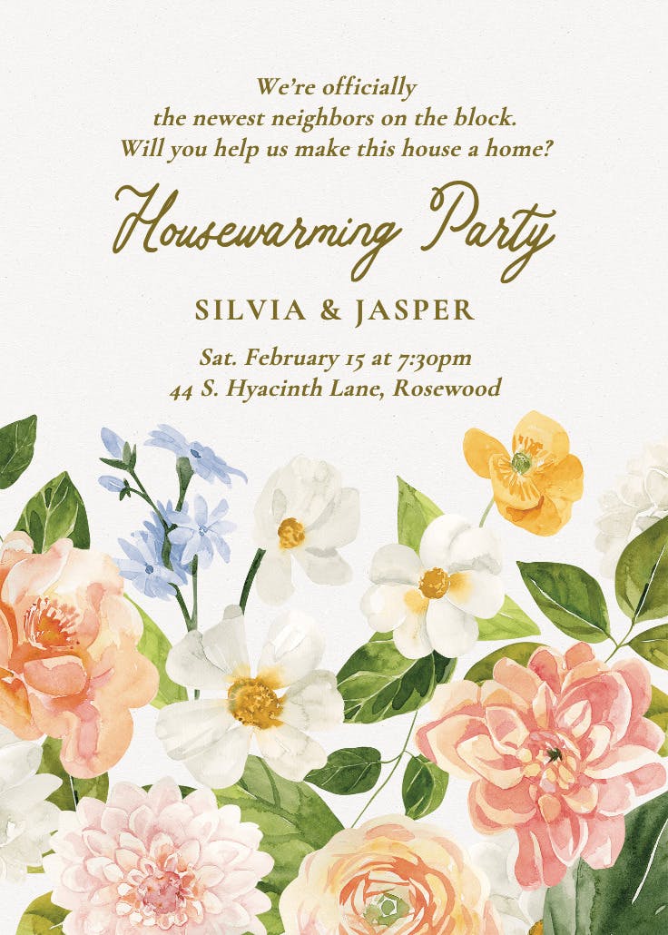 Blooming peonies - housewarming invitation