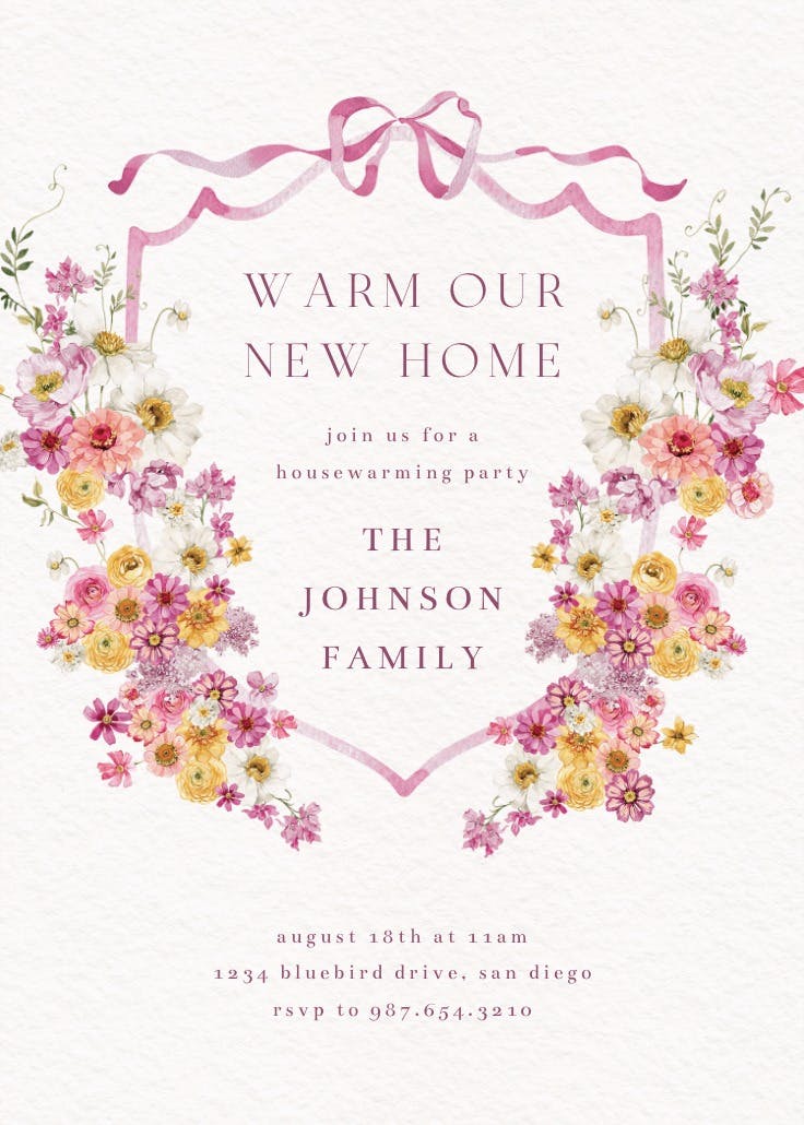 Blooms around crest - housewarming invitation