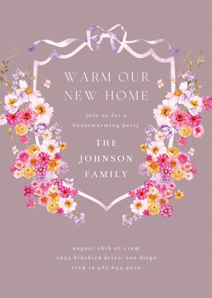 Blooms around crest - housewarming invitation