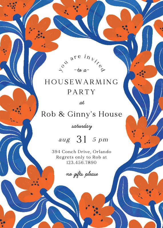 Blue and orange frame - housewarming invitation