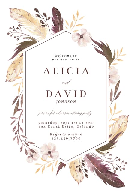 Boho Feathers - Invitación Para Inauguración De Casa Nueva