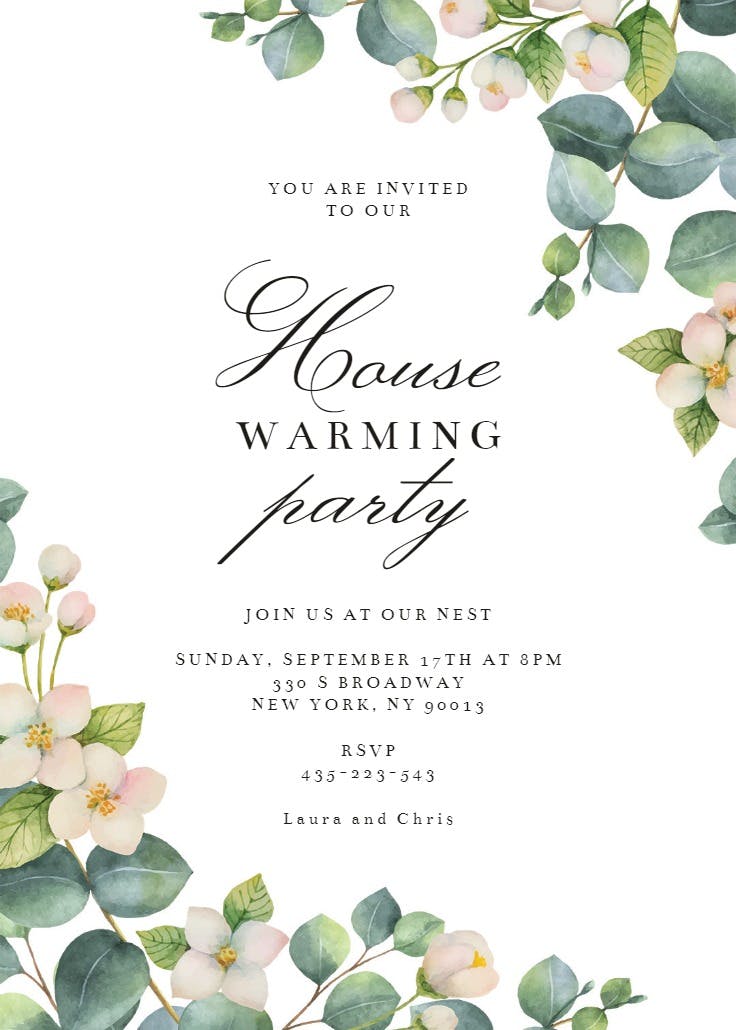 Botanical & white flowers - housewarming invitation