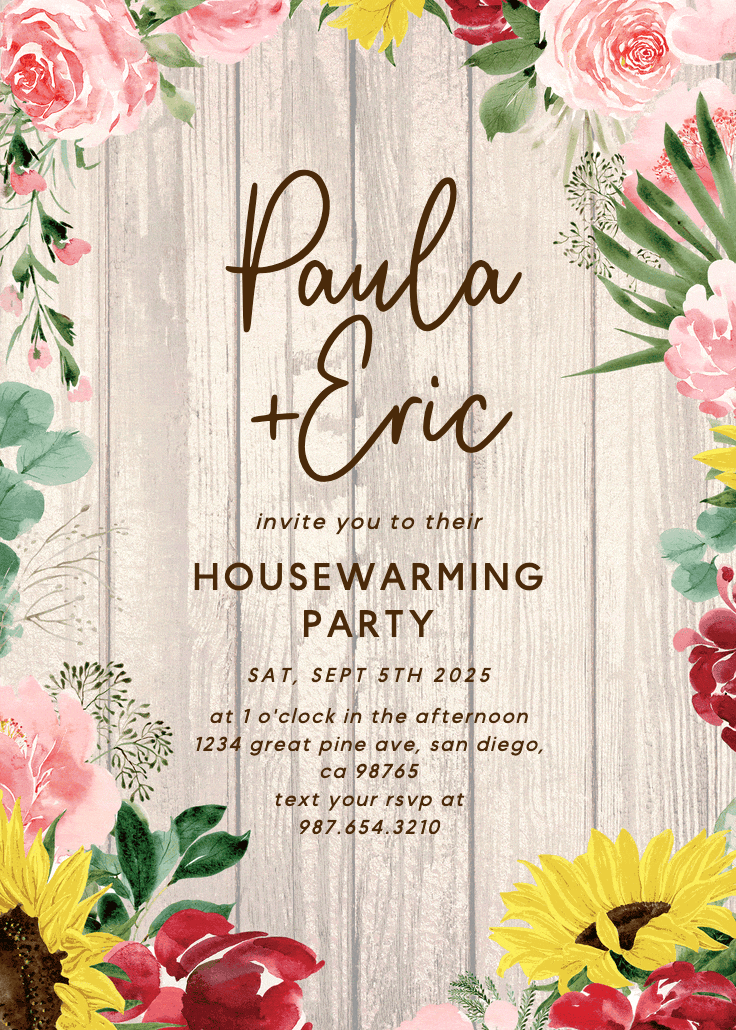 Burgundy sunflower - housewarming invitation