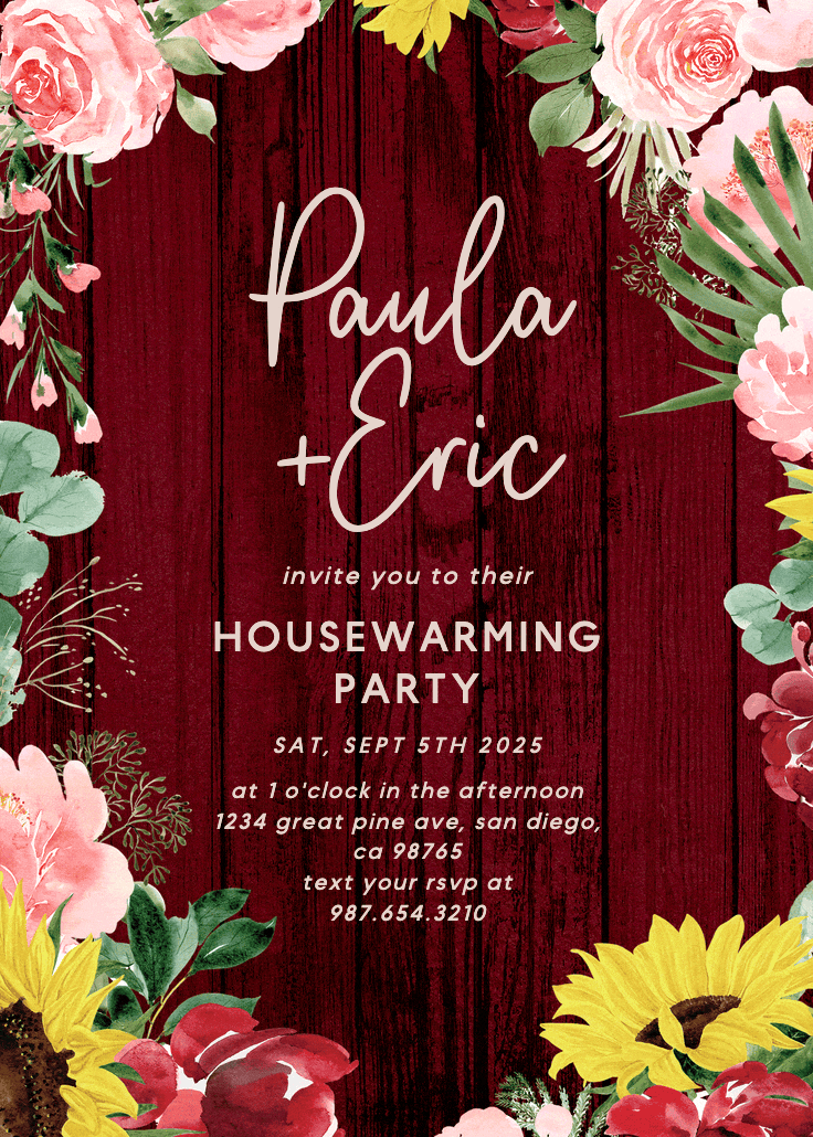 Burgundy sunflower - housewarming invitation
