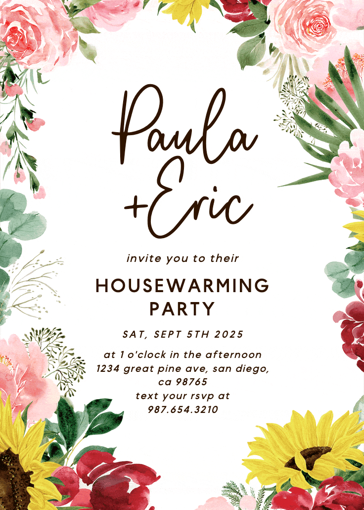 Burgundy sunflower - housewarming invitation