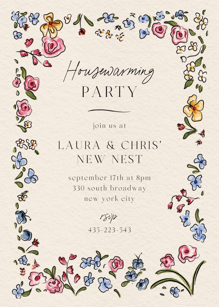 Floral doodles - housewarming invitation