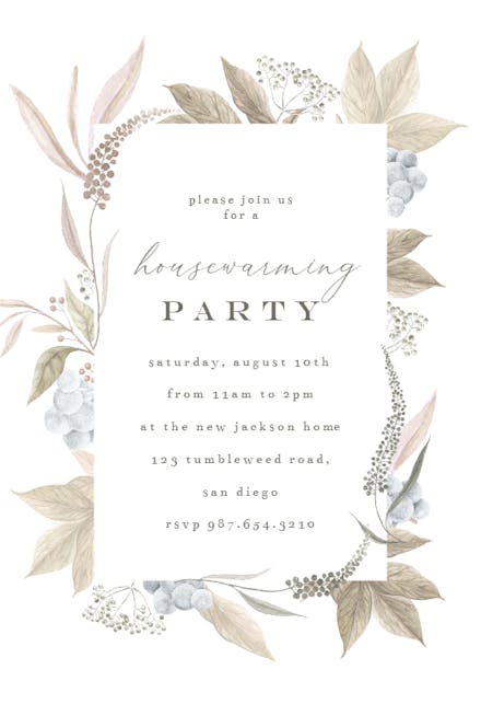 Grey Leaf Blue Berry - Invitación Para Inauguración De Casa Nueva